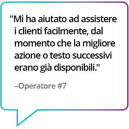 "Mi ha aiutato ad assistere i clienti facilmente, dal momento che la migliore azione o testo successivi erano già disponibili." - Operatore n.7 "Mi ha aiutato ad assistere i clienti facilmente, dal momento che la migliore azione o testo successivi erano già disponibili." - Operatore n.7