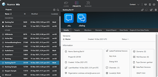 Mix manages all conversational AI projects in one view as shown within the dashboard interface.