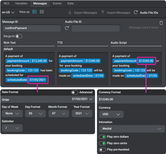 Mix.dialog è in grado di formattare dati dinamici, quali ad esempio numeri e date, come mostrato nella schermata dell'interfaccia utente.