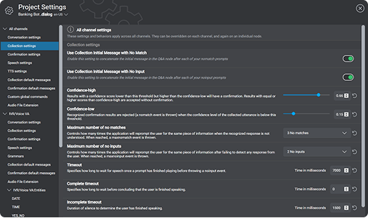 Los menús de Mix.dialog ofrecen a los usuarios acceso a la configuración de los ajustes del reconocimiento de voz, entre otros muchos, tal y como se muestra en esta imagen.