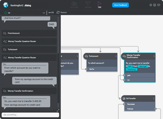 この画面では、Mix.dialog の試行モードとアプリケーションロジックのデモを示しています。