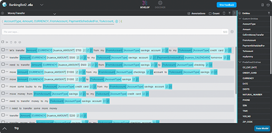 Developers can train NLU models with sample phrases to learn different user intents as shown within this screen. 