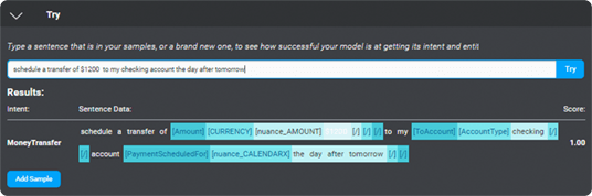 Mix addestra il modello NLU e lo testa con frasi di test, come mostrato nell'immagine.