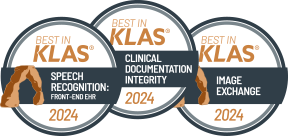 Best in KLAS 2024 Speech recognition front-end EMR, Clinical documentation integrity, and Image exchange badges