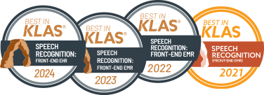 2021, 2022, 2023, and 2024 Best in KLAS speech recognition front-end EMR badges