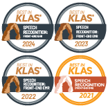 2021, 2022, 2023, and 2024 Best in KLAS speech recognition front-end EMR badges