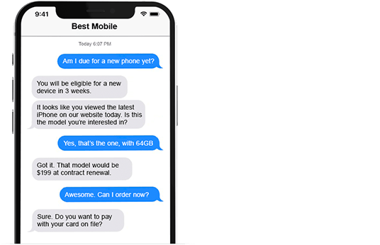 Mix.dialog interpreta los mensajes de los usuarios para dar la respuesta correcta, tal como se puede ver en la pantalla de teléfono celular.