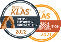 2021 and 2022 Best in KLAS speech recognition front-end emr badge