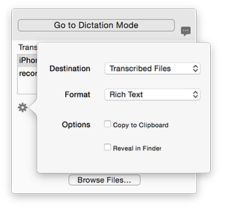 Transcription Options menu