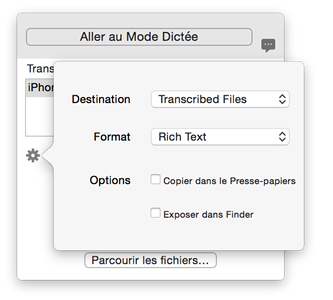 Transcription Options menu