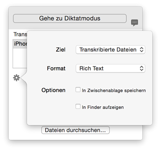 Transcription Options menu