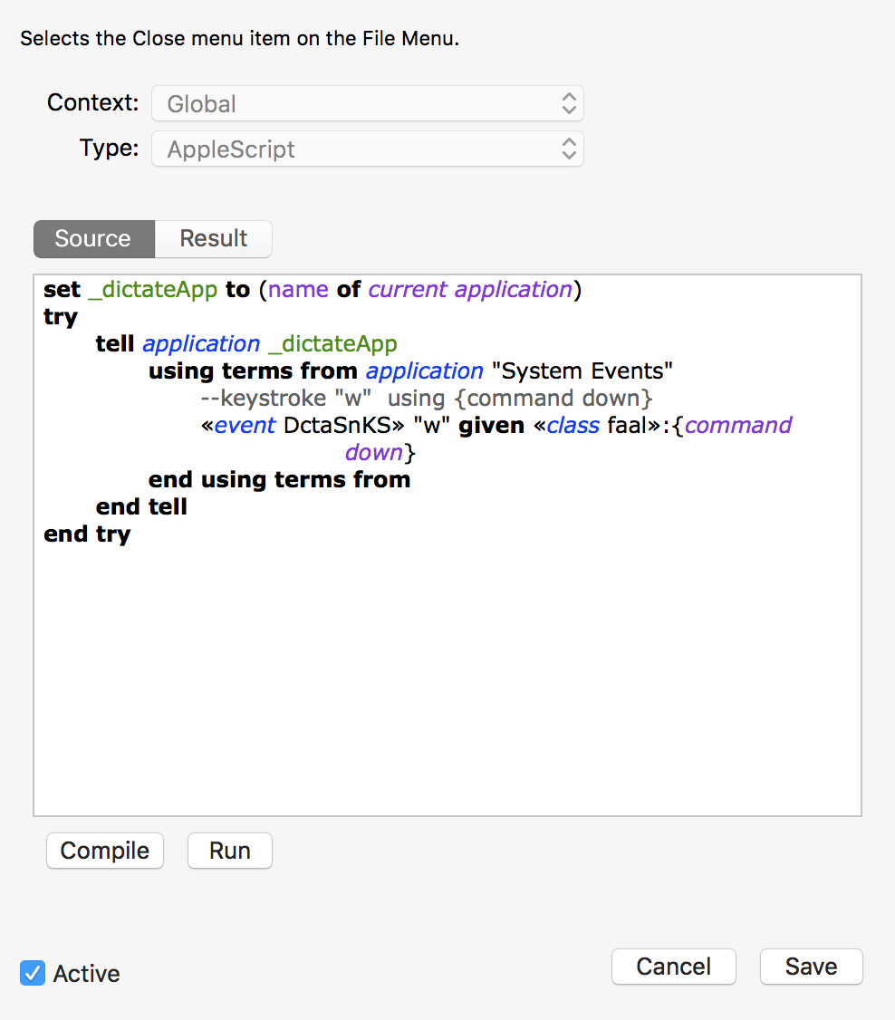AppleScript command after successful Compile or Run