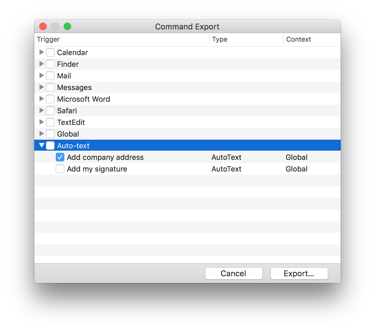 Command Export window