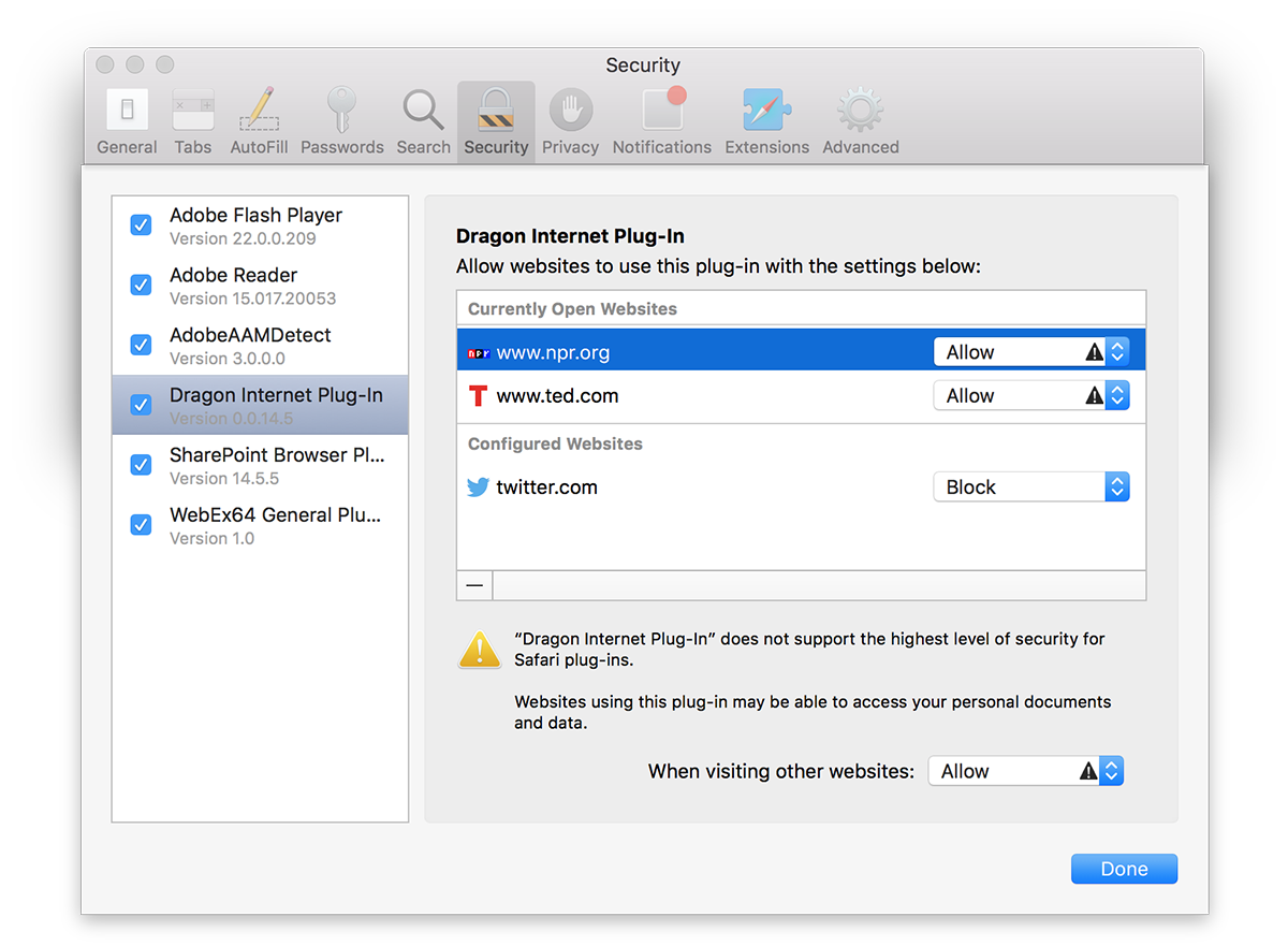 Safari Plug-in Settings